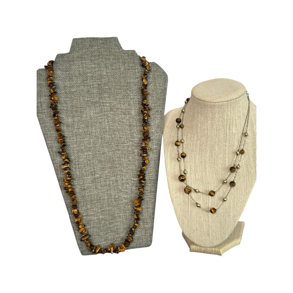 Lot 2 Tiger's Eye Stone Necklaces Chip Bead & Triple Strand Silver Tone Boho